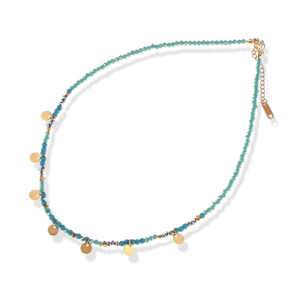 Stainless Steel Beaded Necklace with 18K Gold Plated Discs, Adjustable Length, Colorful and Boho Chic Design