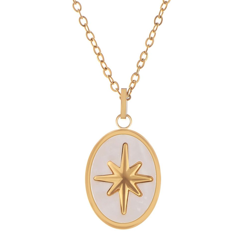 Stainless Steel Necklace with 18K Gold Plated Starburst Pendant, Mother of Pearl Inlay, Adjustable Chain, Unique Design