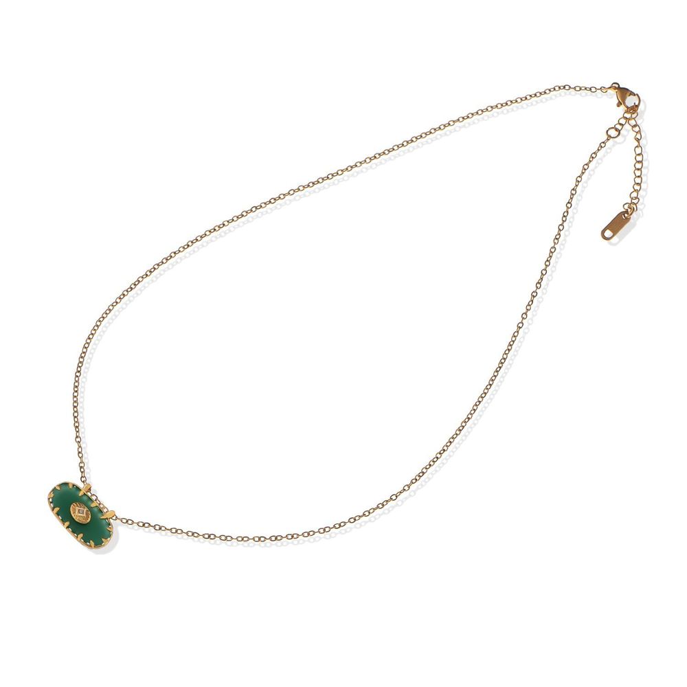 Stainless Steel Necklace with 18K Gold Plated Pendant, Green Natural Stone Inlay, Adjustable Chain, Unique Design