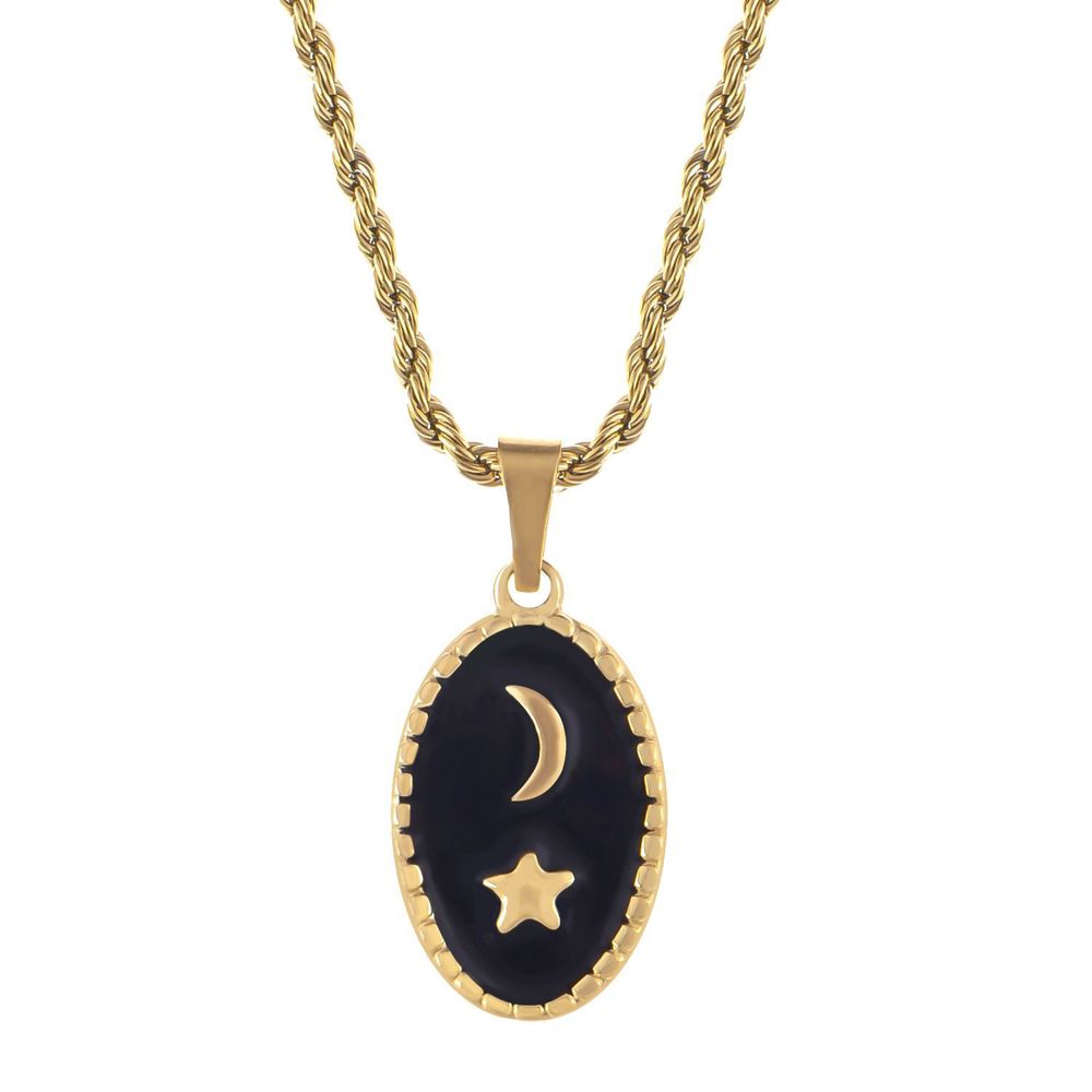 Stainless Steel Necklace with 18K Gold Plated Pendant, Black Enamel Inlay, Moon and Star Design, Adjustable Chain, Unique Design