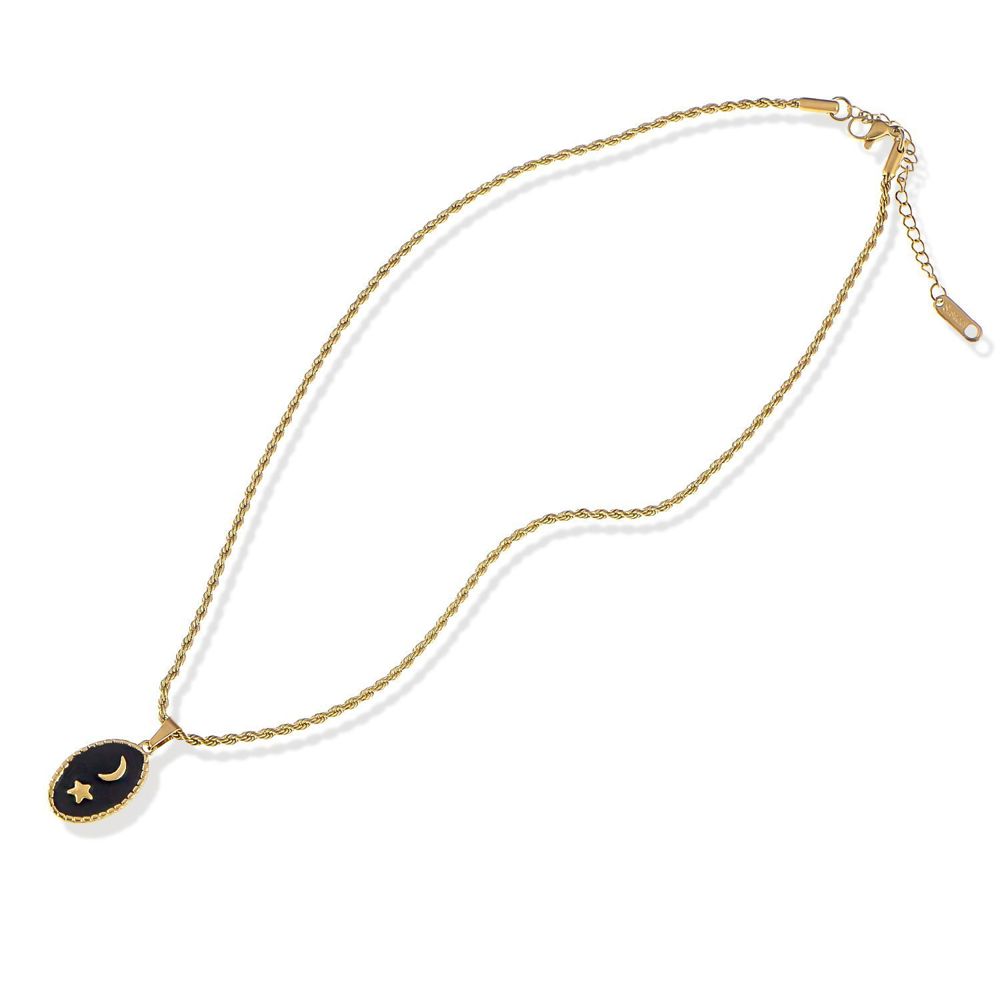 Stainless Steel Necklace with 18K Gold Plated Pendant, Black Enamel Inlay, Moon and Star Design, Adjustable Chain, Unique Design