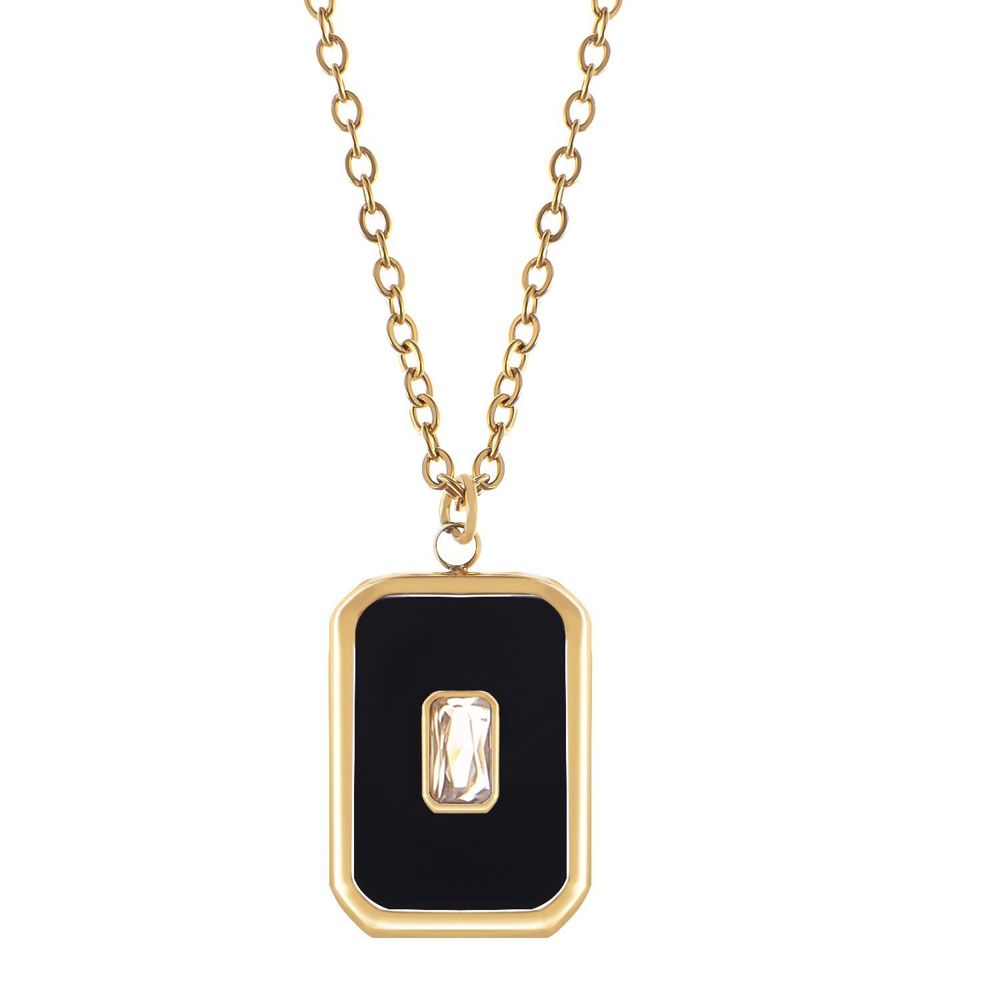 Stainless Steel Necklace with 18K Gold Plated Pendant, Black Enamel Inlay, Clear Zircon Stone Accent, Adjustable Chain