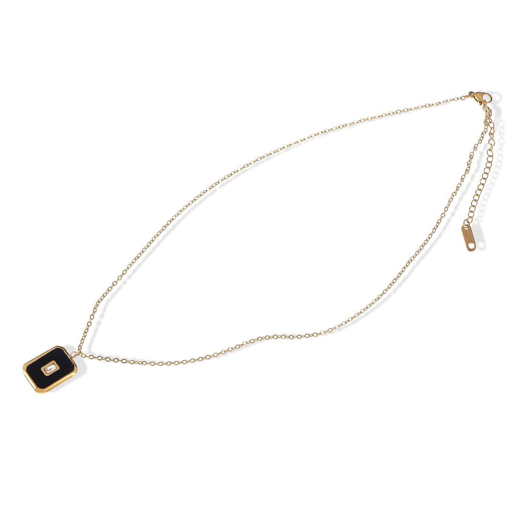 Stainless Steel Necklace with 18K Gold Plated Pendant, Black Enamel Inlay, Clear Zircon Stone Accent, Adjustable Chain