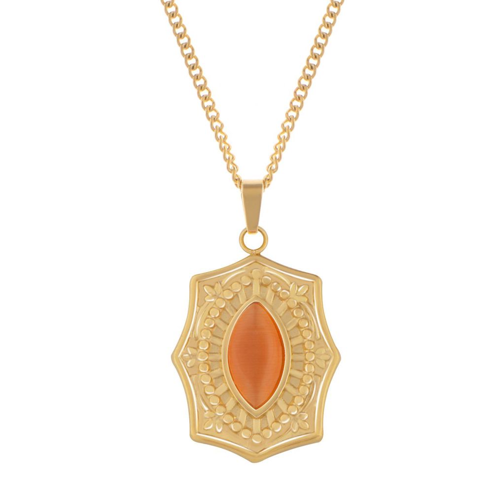 Stainless Steel Necklace with 18K Gold Plated Pendant, Orange Acrylic Stone Inlay, Adjustable Chain, Unique Design