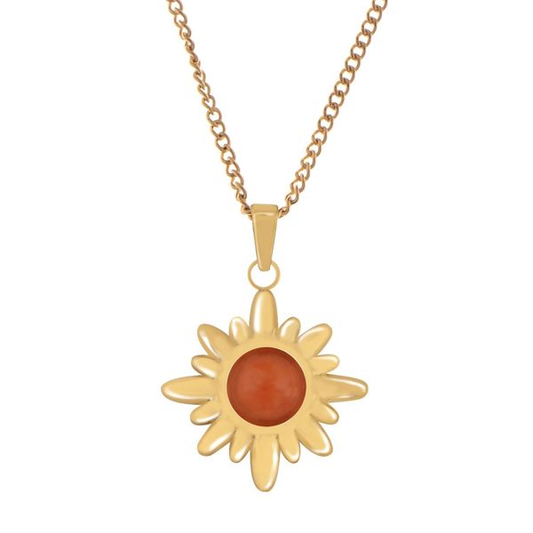 Stainless Steel Necklace with 18K Gold Plated Sun Pendant, Orange Acrylic Stone, Adjustable Chain, Unique Design