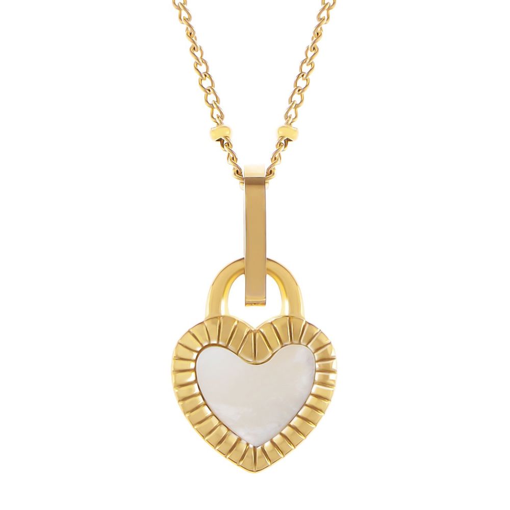 Stainless Steel Necklace with 18K Gold Plated Heart Lock Pendant, Mother of Pearl Inlay, Adjustable Chain, Unique Design