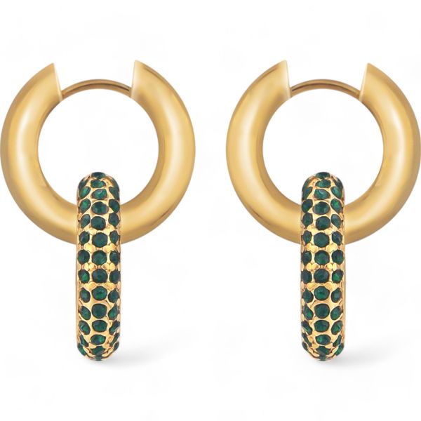 Gold Tone Hoop Earrings with Emerald Green Crystal Encrusted Accent Ring