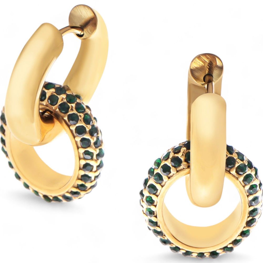 Gold Tone Hoop Earrings with Emerald Green Crystal Encrusted Accent Ring