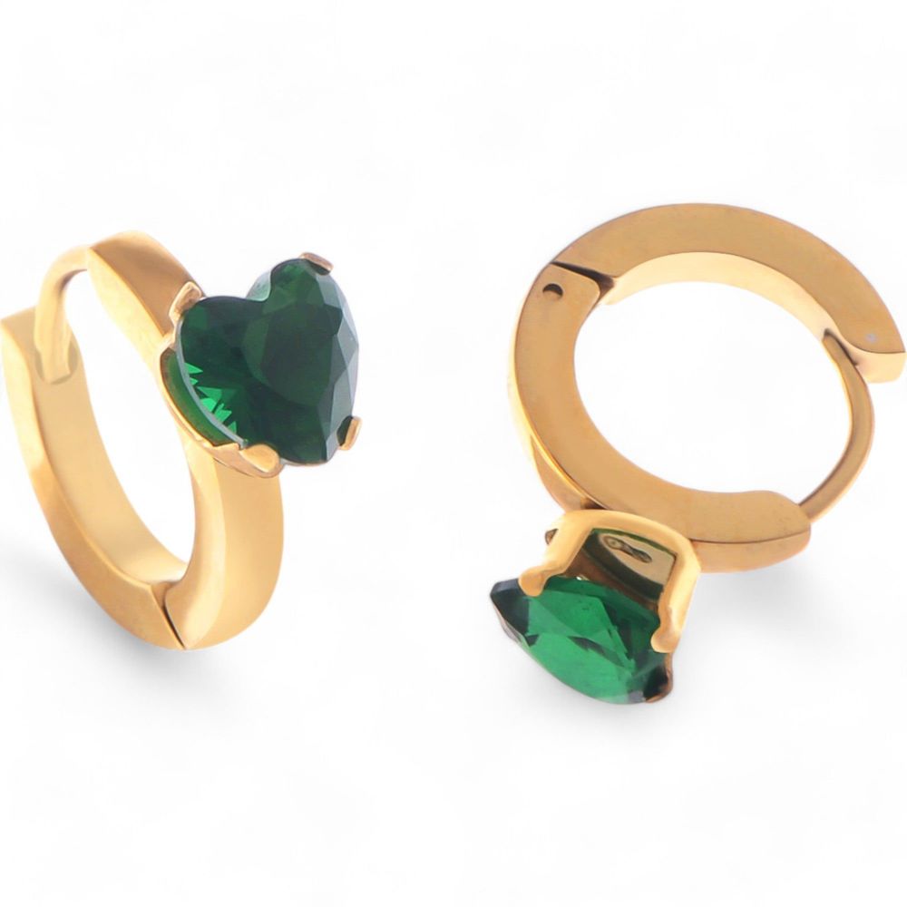 Gold Hoop Earrings with Emerald Green Heart Shaped Crystal Stud