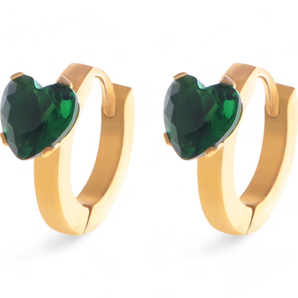 Gold Hoop Earrings with Emerald Green Heart Shaped Crystal Stud