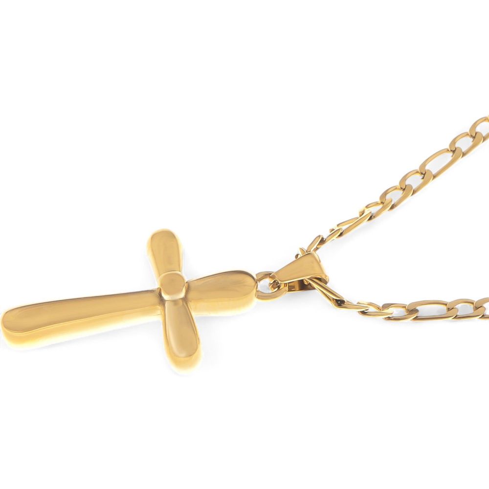 Gold Tone Cross Pendant Necklace with Chunky Chain Modern Religious Style