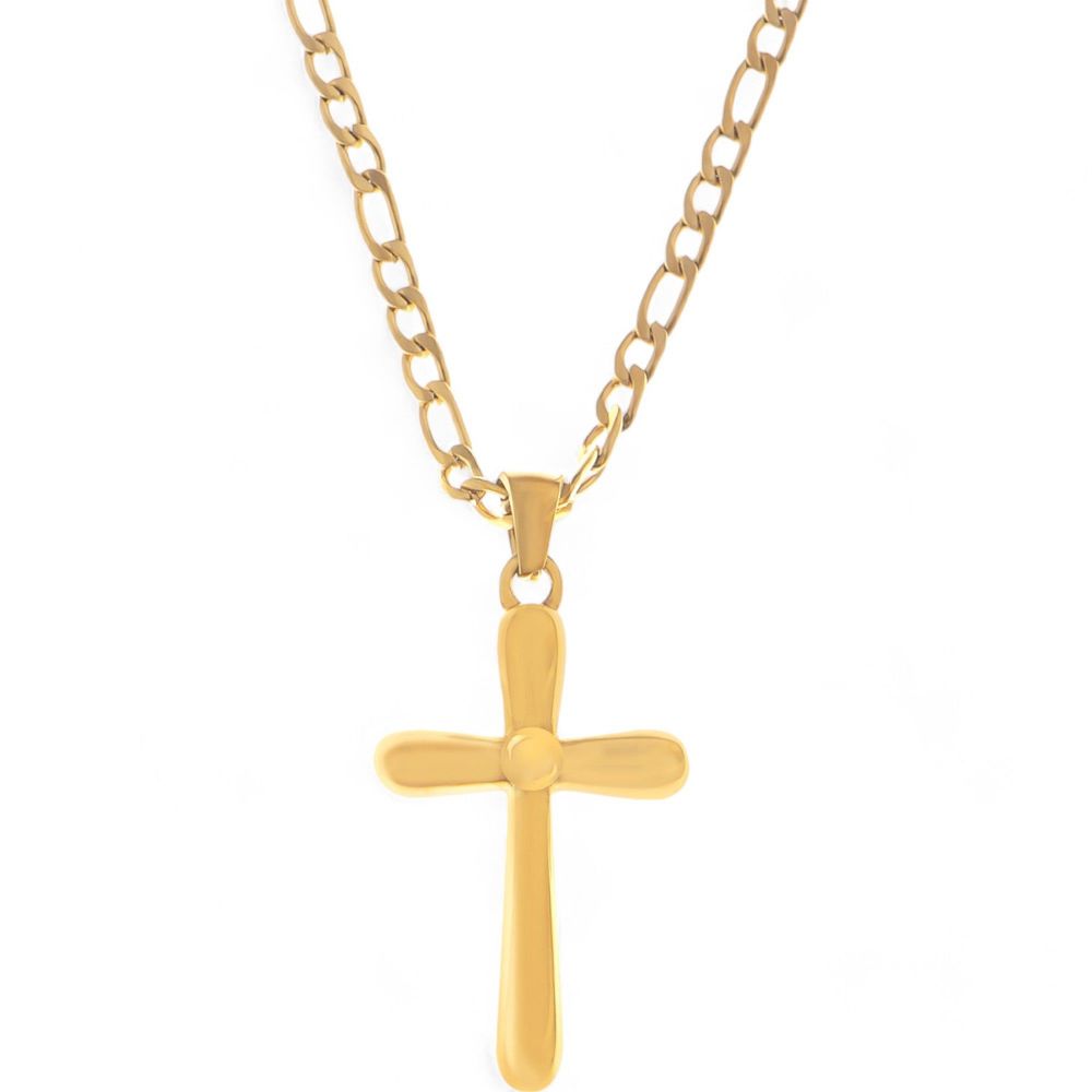 Gold Tone Cross Pendant Necklace with Chunky Chain Modern Religious Style