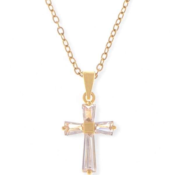 Gold Tone Cross Pendant Necklace with Crystal Accents and Chain