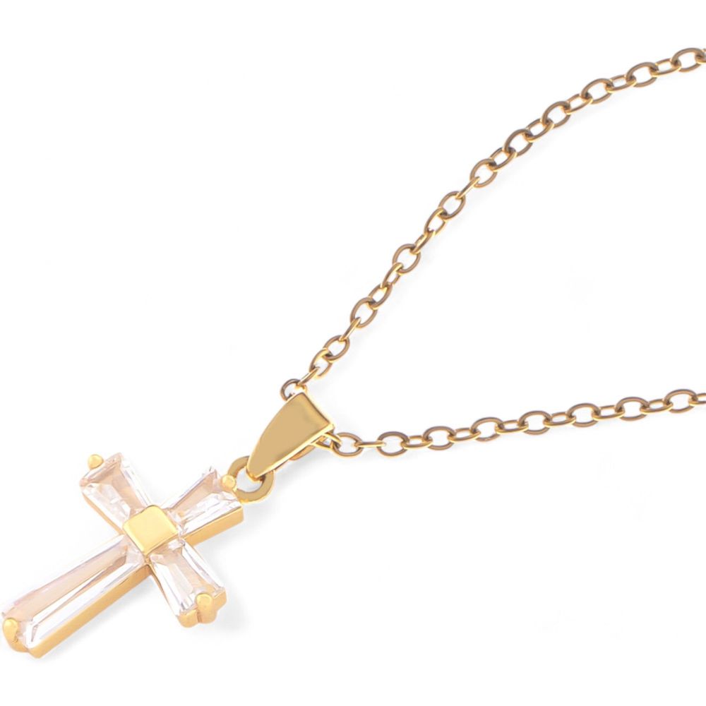 Gold Tone Cross Pendant Necklace with Crystal Accents and Chain