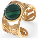 Green Wide Statement Ring Gold Tone with Round Stone Marble-Like Stone and Textured Details