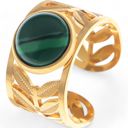 Green Wide Statement Ring Gold Tone with Round Stone Marble-Like Stone and Textured Details