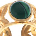 Green Wide Statement Ring Gold Tone with Round Stone Marble-Like Stone and Textured Details