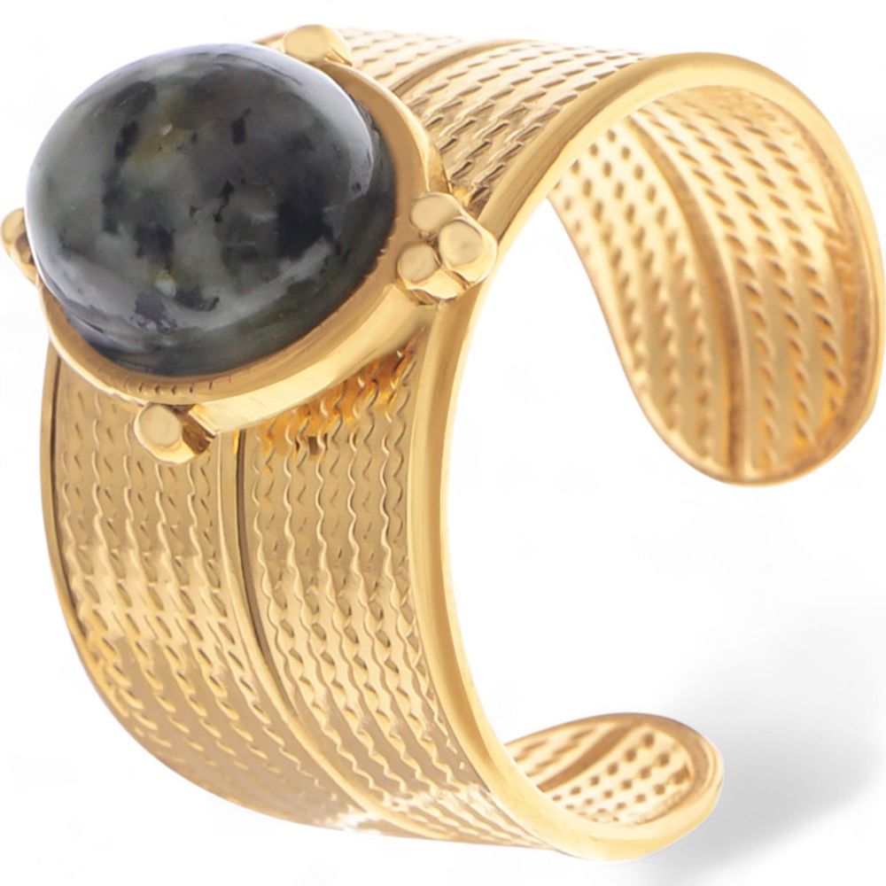 Wide Statement Ring Gold Tone with Round Stone Marble-Like Stone and Textured Details