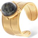 Green Wide Statement Ring Gold Tone with Round Stone Marble-Like Stone and Textured Details