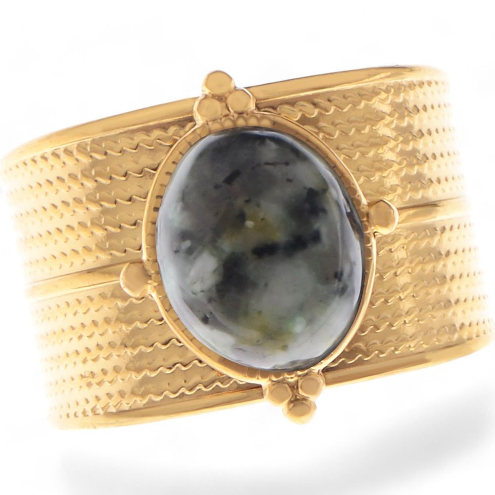 Wide Statement Ring Gold Tone with Round Stone Marble-Like Stone and Textured Details