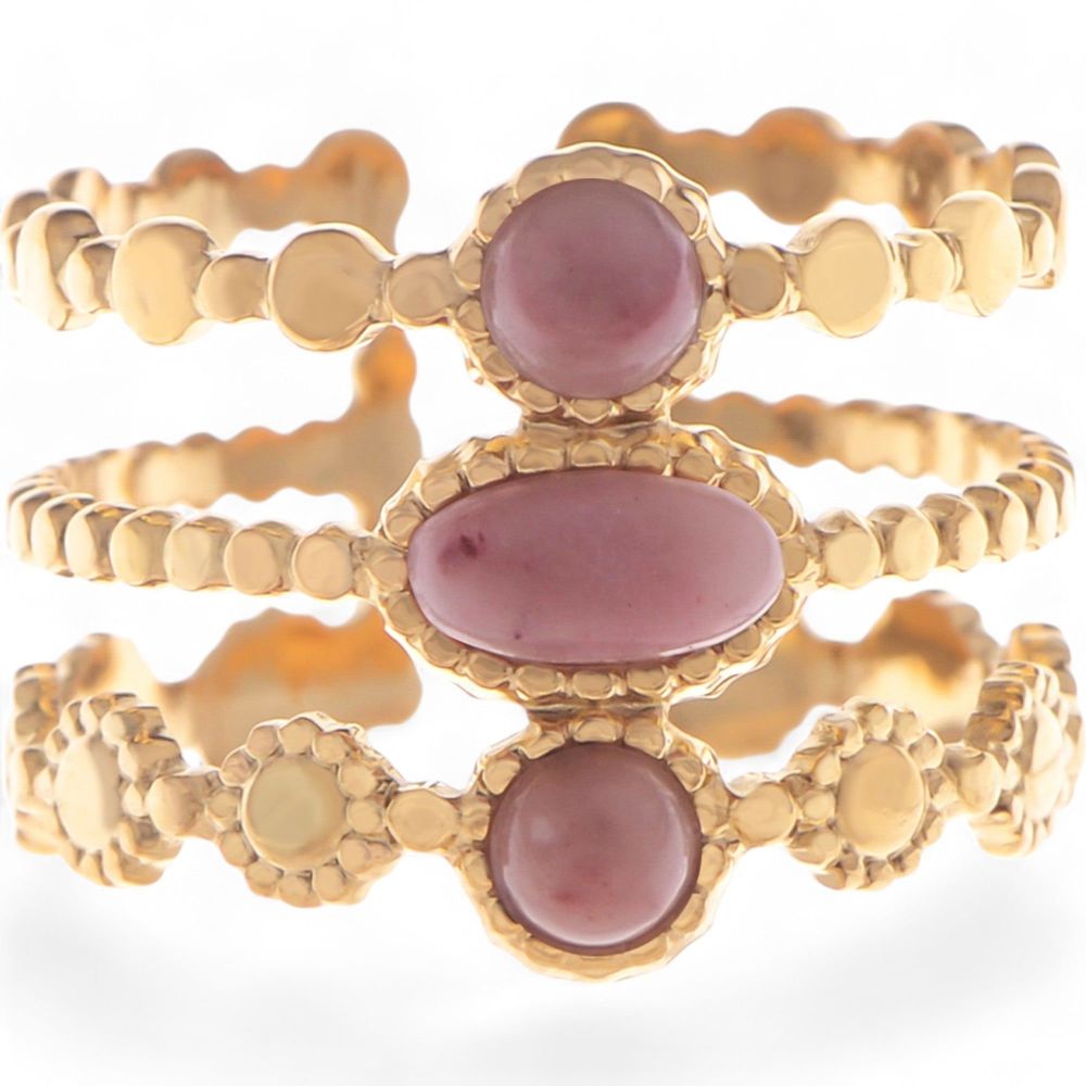 Wide Statement Ring Gold Tone with Round Stone Marble-Like Stone and Textured Details