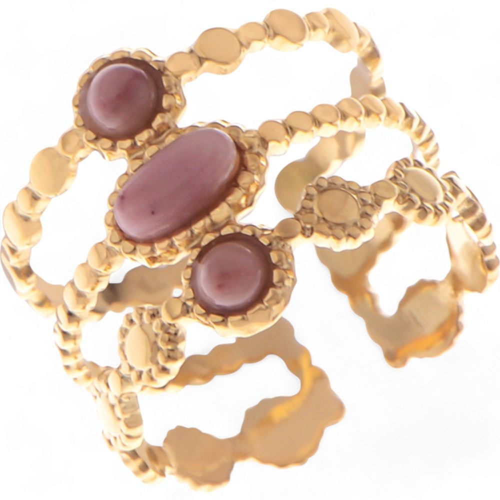 Wide Statement Ring Gold Tone with Round Stone Marble-Like Stone and Textured Details