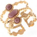 Pink Wide Statement Ring Gold Tone with Round Stone Marble-Like Stone and Textured Details