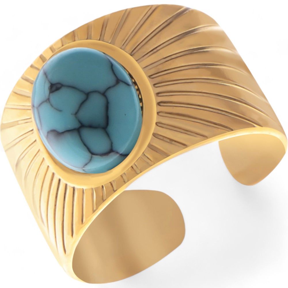 Wide Statement Ring Gold Tone with Round Stone Marble-Like Stone and Textured Details