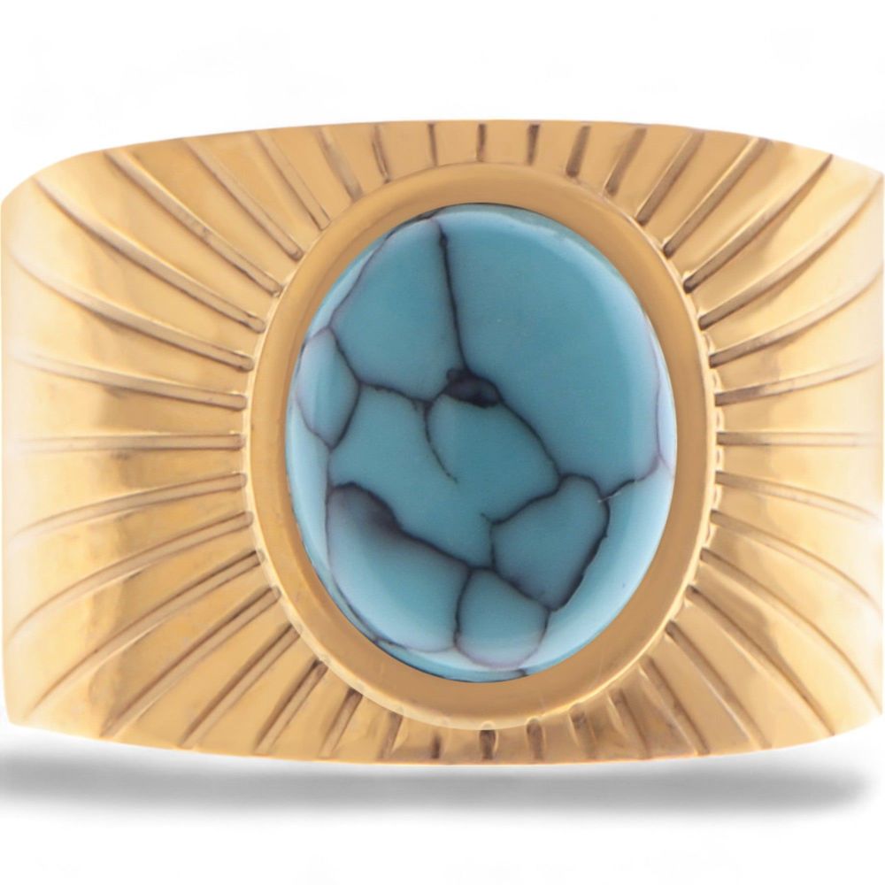 Wide Statement Ring Gold Tone with Round Stone Marble-Like Stone and Textured Details