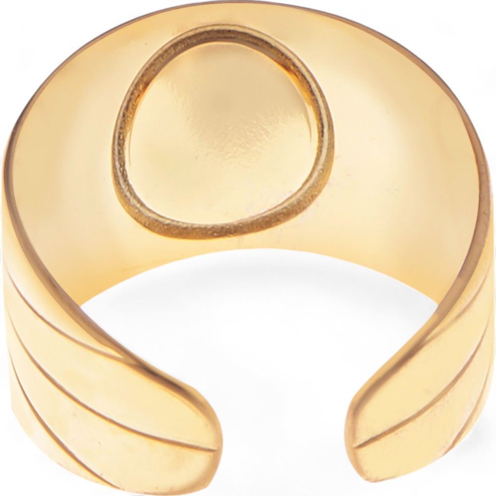 Wide Statement Ring Gold Tone with Round Stone Marble-Like Stone and Textured Details