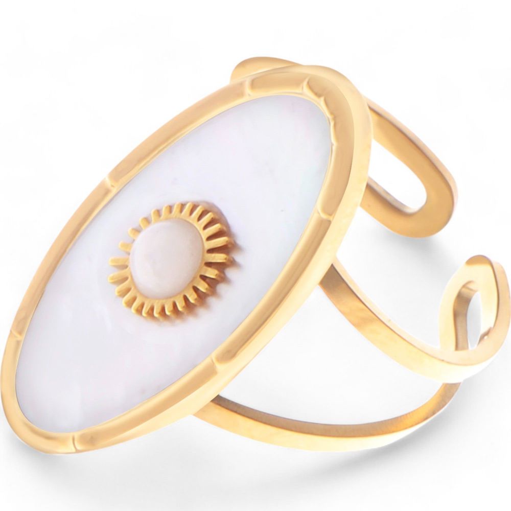 Wide Statement Ring Gold Tone with Round Stone Marble-Like Stone and Textured Details