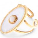 White Wide Statement Ring Gold Tone with Round Stone Marble-Like Stone and Textured Details