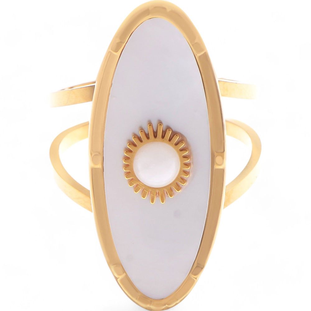 Wide Statement Ring Gold Tone with Round Stone Marble-Like Stone and Textured Details