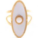 White Wide Statement Ring Gold Tone with Round Stone Marble-Like Stone and Textured Details