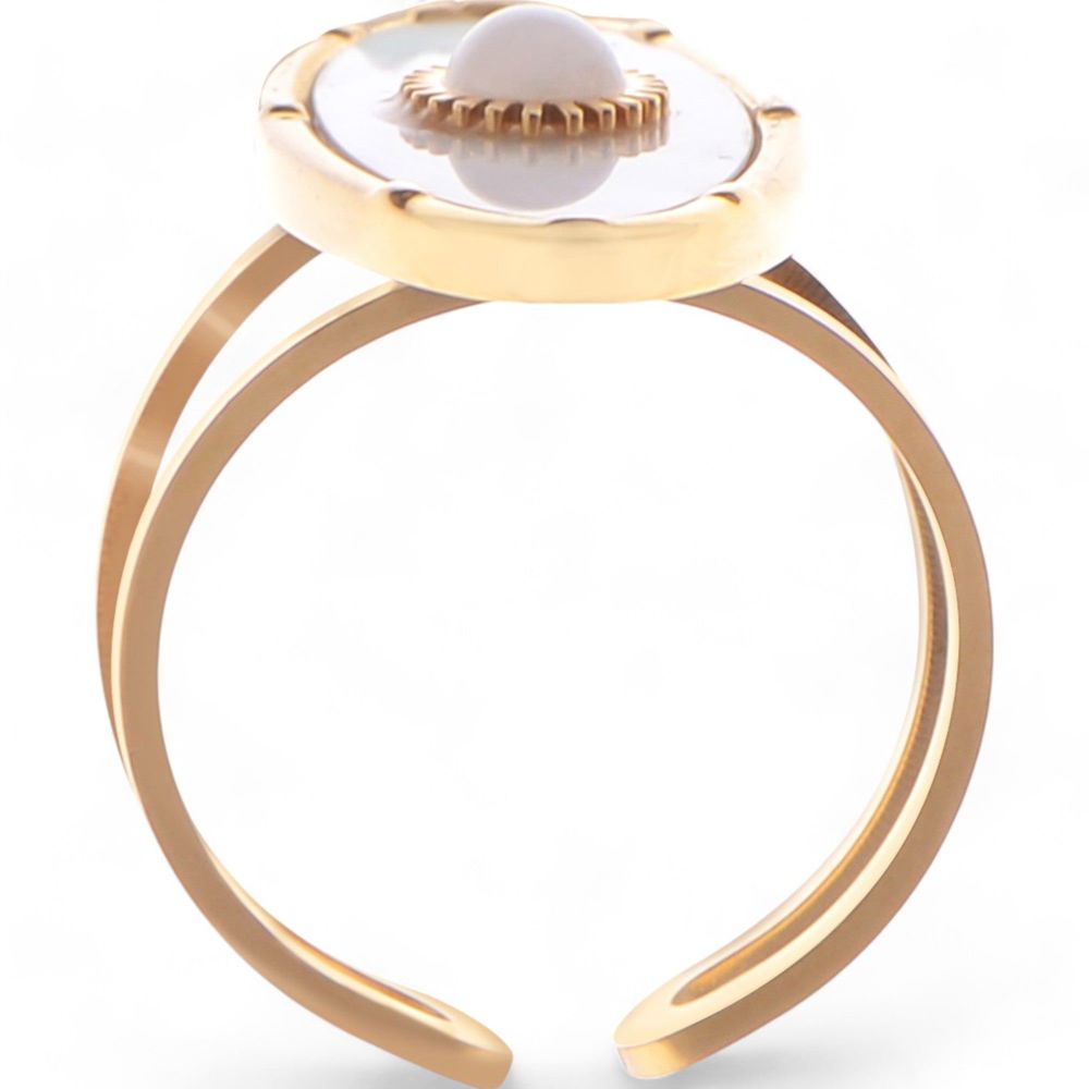 Wide Statement Ring Gold Tone with Round Stone Marble-Like Stone and Textured Details