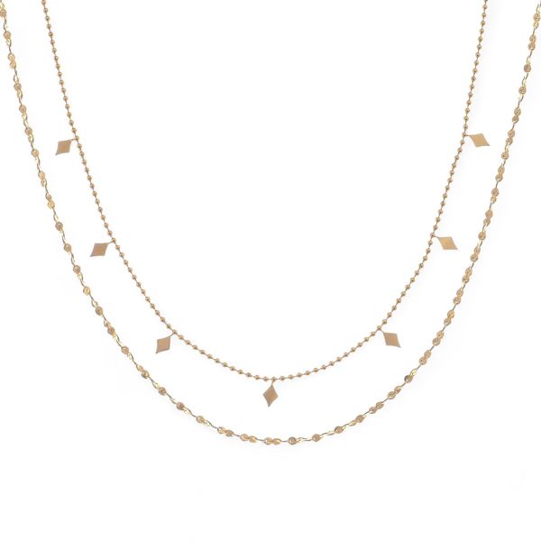 Double Layer Gold Tone Necklace with Diamond Shape Charms Layered Chain Design