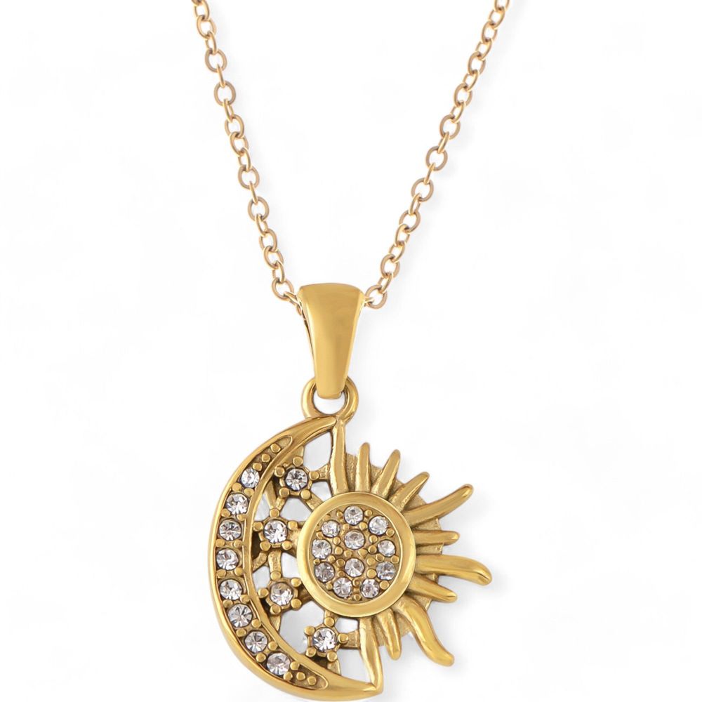 Rhinestone Sun and Moon Pendant Necklace with Gold Tone Chain Statement Jewelry Piece