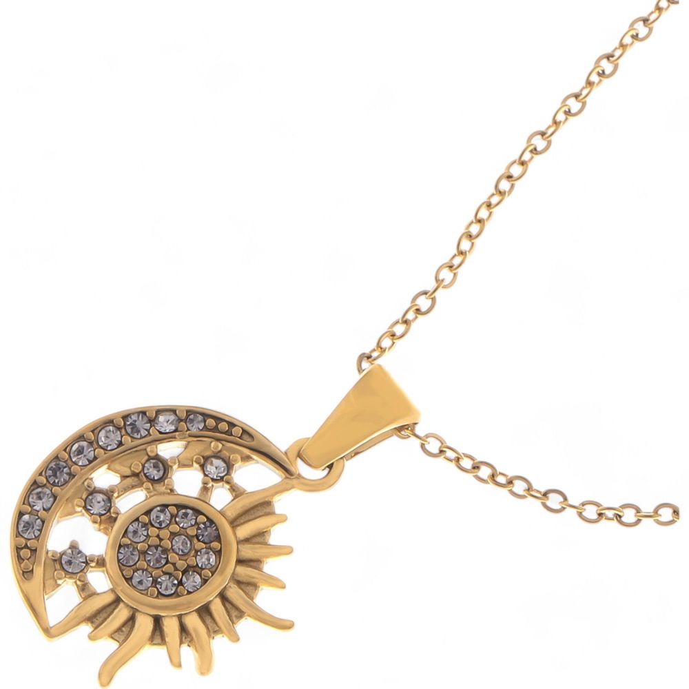 Rhinestone Sun and Moon Pendant Necklace with Gold Tone Chain Statement Jewelry Piece