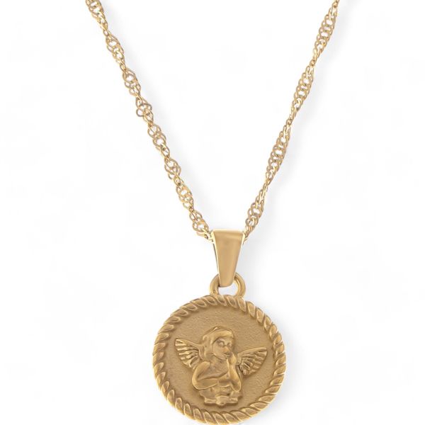 Gold Tone Angel Medallion Pendant Necklace with Twisted Rope Chain