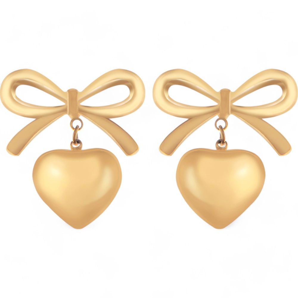 Bow Dangle Heart Drop Earrings Gold Tone Playful Love Design