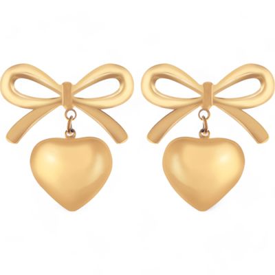 Bow Dangle Heart Drop Earrings Gold Tone Playful Love Design