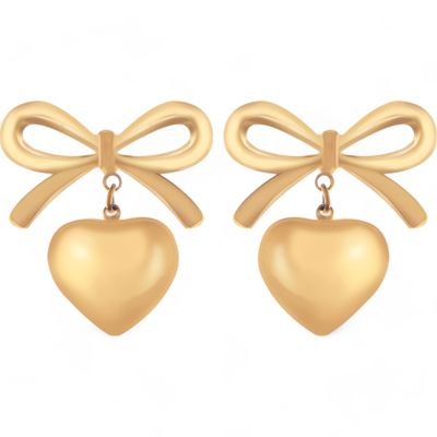 Bow Dangle Heart Drop Earrings Gold Tone Playful Love Design