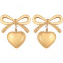  Bow Dangle Heart Drop Earrings Gold Tone Playful Love Design