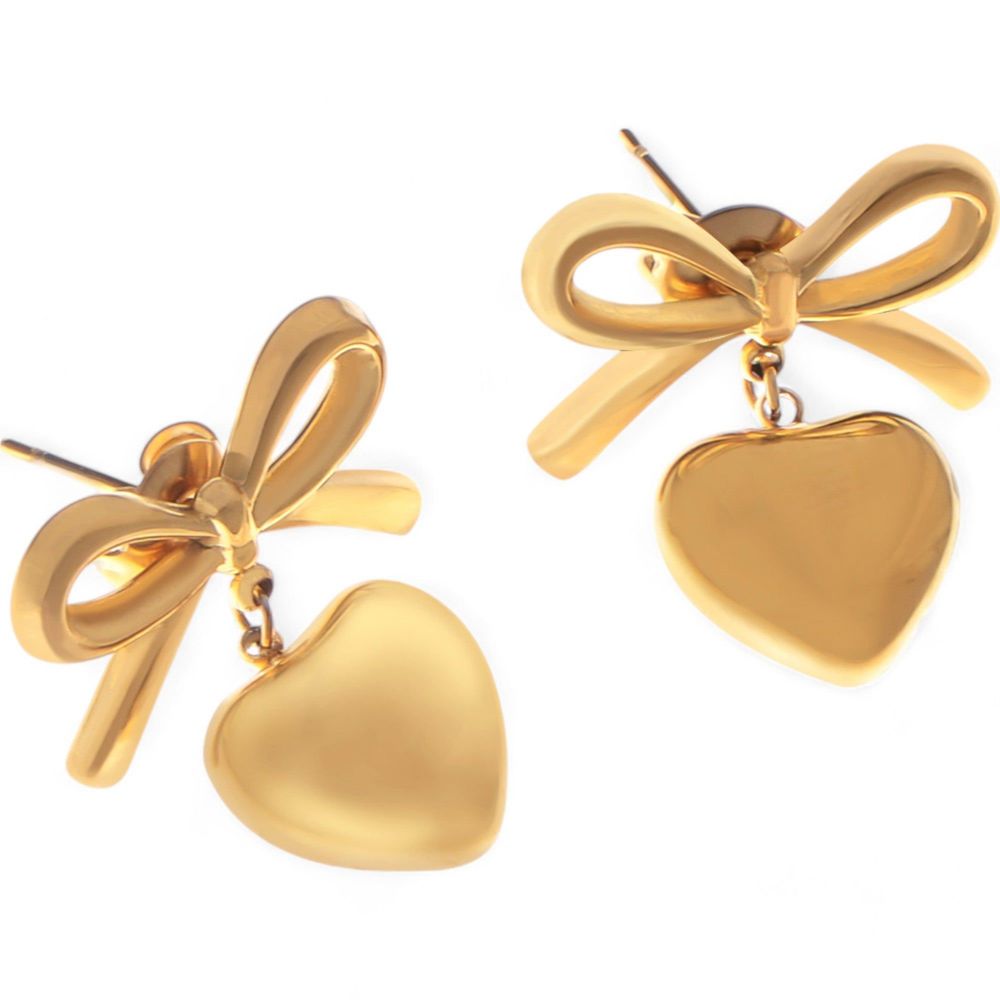 Bow Dangle Heart Drop Earrings Gold Tone Playful Love Design