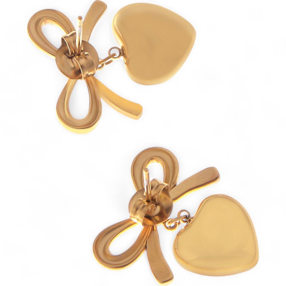 Bow Dangle Heart Drop Earrings Gold Tone Playful Love Design