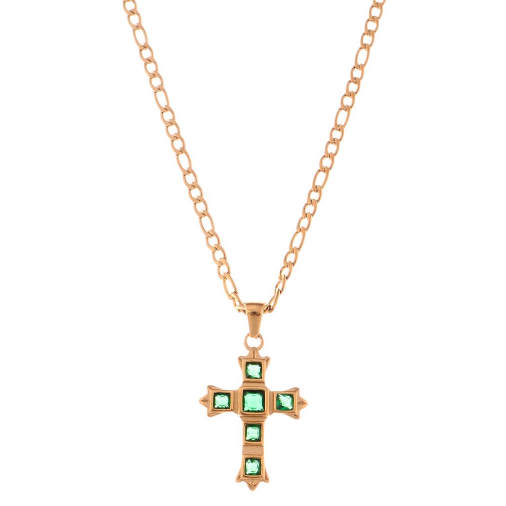 Gold Tone Cross Pendant Necklace with Green Gemstone Accents