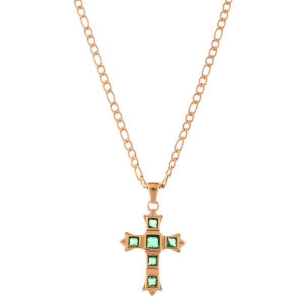 Gold Tone Cross Pendant Necklace with Green Gemstone Accents