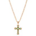  Gold Tone Cross Pendant Necklace with Green Gemstone Accents