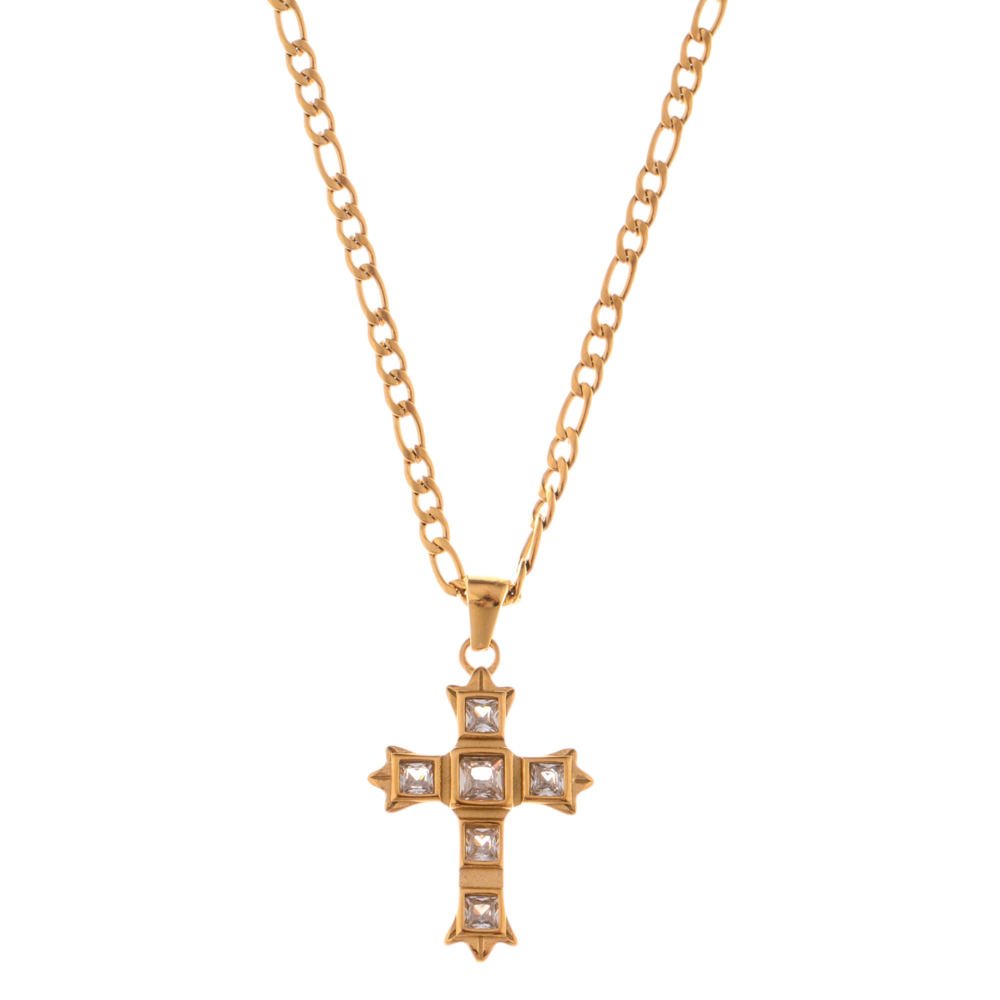 Gold Tone Cross Pendant Necklace with Green Gemstone Accents