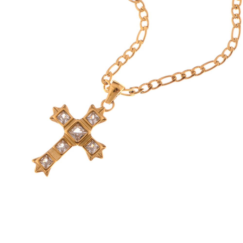 Gold Tone Cross Pendant Necklace with Green Gemstone Accents